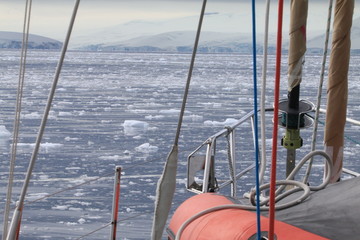 jacht płynący przez zimne wody antarktydy pokryte krą i bryłami lodu - obrazy, fototapety, plakaty