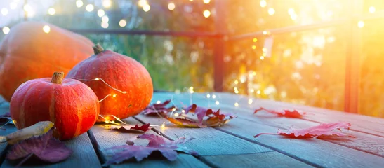 Schilderijen op glas autumn pumpkin background, thanksgiving holiday party decoration, © Konstiantyn