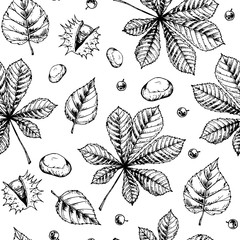Autumn leaves seamless pattern isolated on white background. Hand drawn sketch vector illustration. Vintage line art