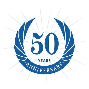 50th years anniversary celebration design. Fifty years logotype. Blue vector and illustration.