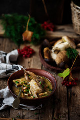 Mushroom and quail stew..selective focus
