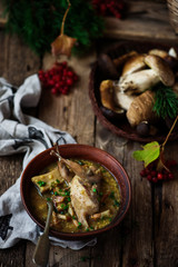 Mushroom and quail stew..selective focus