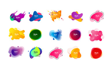 Multicolored dynamic shapes for banners set. Modern abstract figures and lines with sample text. Trendy minimal templates for presentations, banners, apps and web pages. Vector illustration