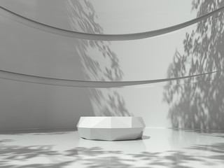 Pedestal for display,Platform for design,Blank product stand in Empty room with Tree shadow on the wall .3D rendering.