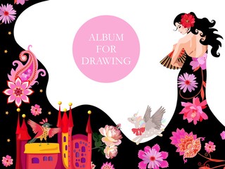 Cover for a drawing album with a beautiful fairy dressed in a black dress, the hem of which turns into a mountain landscape, populated by fabulous creatures.