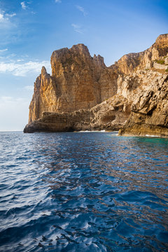 Granite cliffs in front of Bombarda Cave, Marettimo, Egadi Islands, Italy