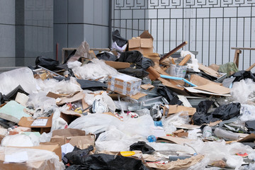 Construction garbage after building repair. Removal of debris. Bunch of trash.