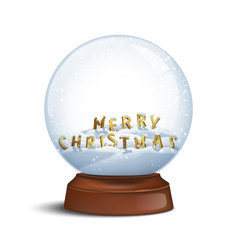Snow globe with Merry Christmas signs. MERRY CHRISTMAS letters inside snow globe on brown wooden base. Vector Christmas and New Year design element.