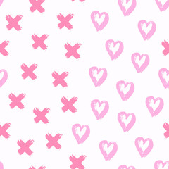 Hearts and crosses seamless pattern. Ink brush strokes. Pastel colored romantic vector wallpaper.	