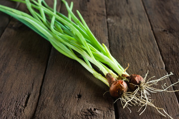 Green onions on a wooden table. Focus on the bulbs. Harvest season