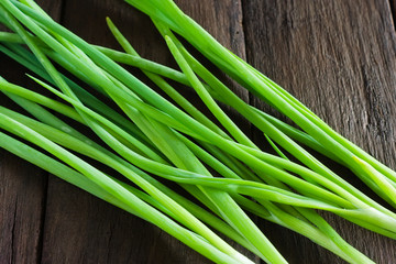 Green hollow leaves of onion on a wooden table. Harvest season