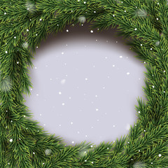 Round frame made of fir brunches on snowfall background. Vector template.