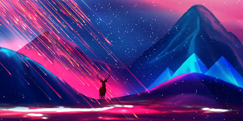 Abstract night landscape of mountains. Beautiful neon background, deer silhouette, flicker, abstract light. Natural background, night view.