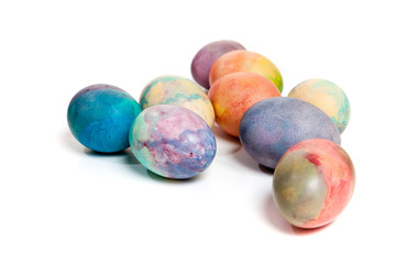 Group of easter painted eggs on white background