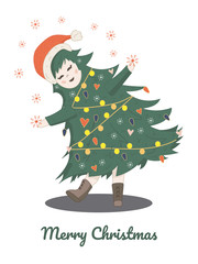 Girl in carnival costume Christmas tree. Vector Christmas tree in a hat.