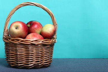 Wicker basket with ripe juicy apples. New crop. On a mint background.