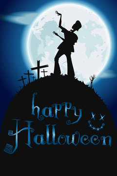 Zombie dancing in the moonlight. Vector Halloween poster. EPS 10