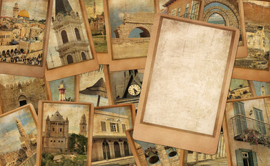 Vintage photo cards on the wood background. Remembering Israel. Memory, life and dreams concept. Copy space