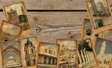 Vintage photo cards on the wood background. Remembering Israel. Memory, life and dreams concept