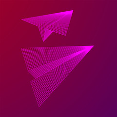 Paper plane flying. Abstract image of a aircraft origami. Wireframe low poly mesh vector illustration
