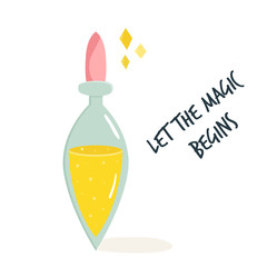Flask with magical potion and spells. Vector image