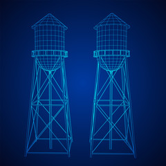 Water tower. Industrial construction with water tank. Wireframe low poly mesh vector illustration.