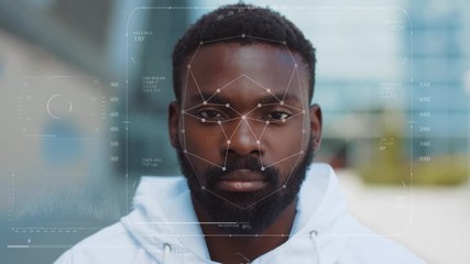 Future. Face Detection. Technological 3d Scanning. Biometric Facial Recognition. Face Id. Technological Scanning of the Face of Handsome Young African American for Facial Recognition. Shoted by Arri