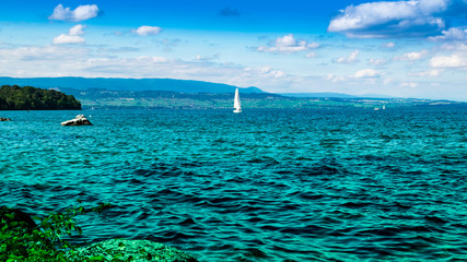 Landscape view of lake Geneva(Leman lake),sailing boats, mountains and blue sky with white clouds,focus plane in the center.Excenevex city, France.