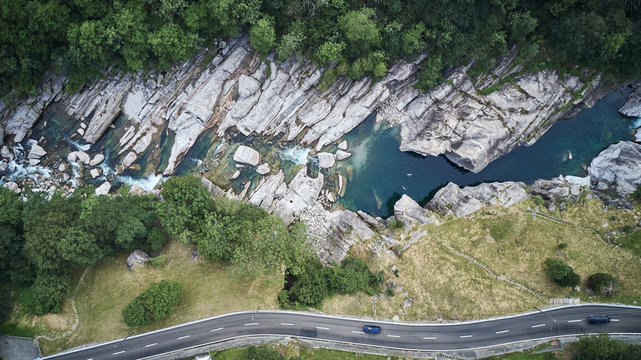 aerial valle verzasca emerald green water