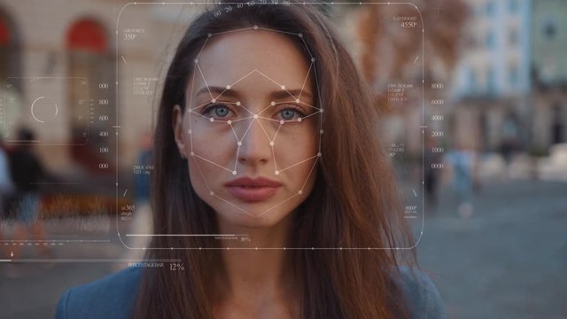 Future. Face Detection. Technological 3d Scanning. Biometric Facial Recognition. Face Id. Technological Scanning Of The Face Of Beautiful Caucasian Woman In The City For Facial Recognition. Shoted By