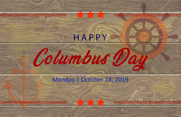 Happy Columbus Day Sailing ship floating on the sea waves lettering with rays bright color vector engraving illustration blue background sunny day beach sea ocean