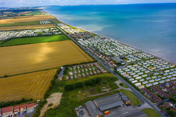 Aerial View of holiday trailer homes along the beach in Hornsea Town