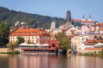 Obraz premium Prague, Czech Republic - Long Exposure View of the Vltava River and the Historic Center of Prague (UNESCO World Heritage)