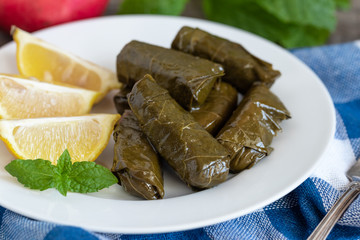 Grape leaf filled with rice served with lemon. Traditional Greek food