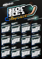Hockey sport wall vertical calendar for 2020. One page Retro style calendar template with holidays and sport equipment. Black background.