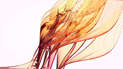 Abstract, moving glass figure on light background with copy space. Bright architectural, natural composition of petals, leaves for presentations, desktop wallpapers,  computer technology - 3d, render.