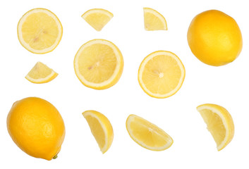 Lemon with leaf and slices isolated on white background. Flat lay, top view