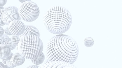Abstract, light, white, monophonic background with flying balloons - 3d, render. Digital illustration of bubbles for wallpapers, banners, decorations and presentation with copy space.
