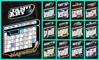 Collection of sports wall calendar for 2020. Retro style calendar template with holidays with different sports and equipment. Black background.
