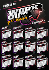 Work sport wall vertical calendar for 2020. One page Retro style calendar template with holidays and sport equipment. Black background.