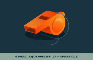 Vector orange whistle icon. Game equipment. Professional sport, classic whistle for official competitions and tournaments. Isolated illustration