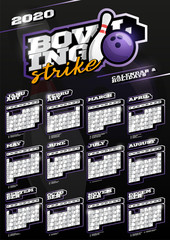 Bowling sport wall vertical calendar for 2020. One page Retro style calendar template with holidays and sport equipment. Black background.
