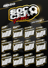 Soccer or football sport wall vertical calendar for 2020. One page Retro style calendar template with holidays and sport equipment. Black background.