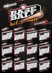 Baseball sport wall vertical calendar for 2020. One page Retro style calendar template with holidays and sport equipment. Black background.