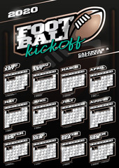 American football or rugby sport wall vertical calendar for 2020. One page Retro style calendar template with holidays and sport equipment. Black background.