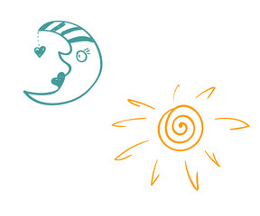 Cute and funny sun, moon doodle icons.