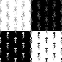 Funny cartoon halloween pattern set with hand drawn skeletons. Doodle vector black and white halloween pattern set. Seamless monochrome halloween pattern set for textile, wallpapers, wrap and cards.