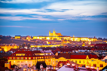 Prague Castle evening panorama. Lookout from Vysehrad. Prague, Czech Republic