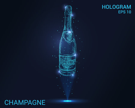 Hologram champagne. Holographic projection of a bottle of champagne. Flickering energy flux of particles. Scientific design drinks.