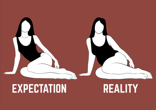Expectation. Reality. Vector hand drawn illustration of girls  in swimsuits isolated. Creative artwork. Template for card, poster. banner, print for t-shirt, pin, badge, patch.
